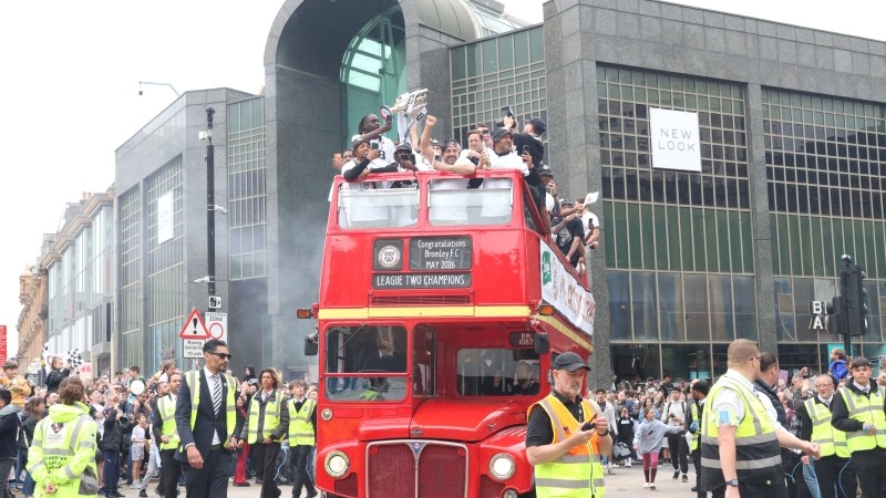 Picture shows the Bromley FC  team on a red bus for their parade.