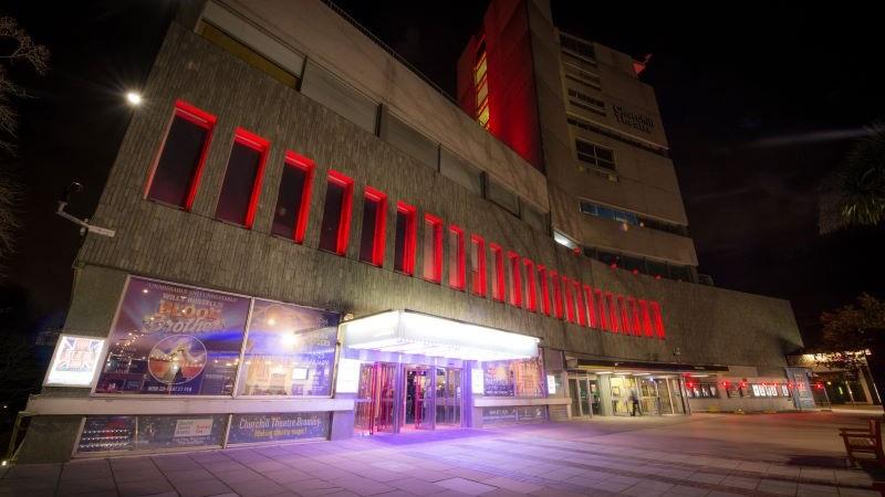 Churchill Theatre at night.