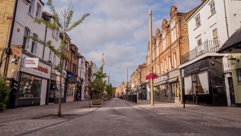 East Street in Bromley North. This street is in Bromley Town Centre with shops on either side.