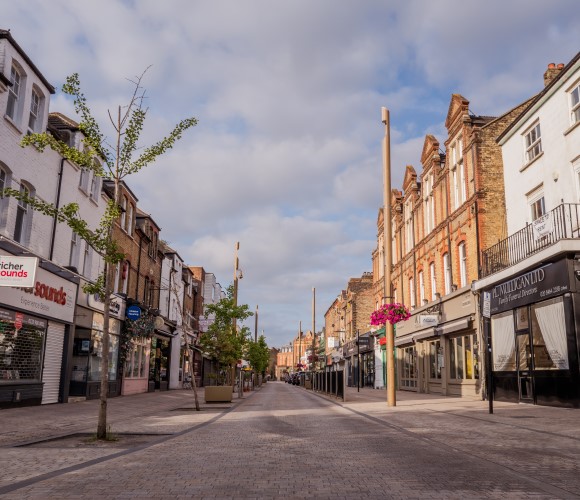 East Street in Bromley North. This street is in Bromley Town Centre with shops on either side.