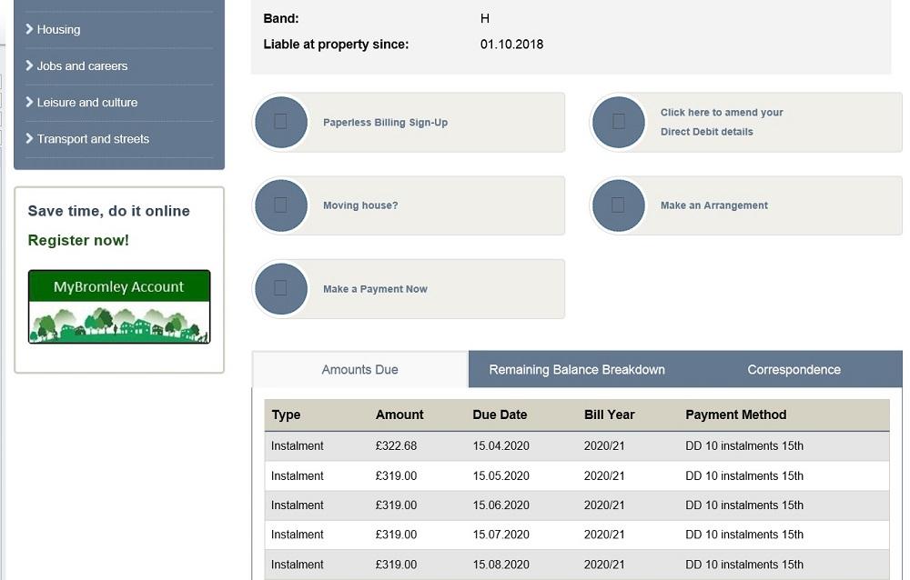 Image shows details screen with icons and account payments and balance information