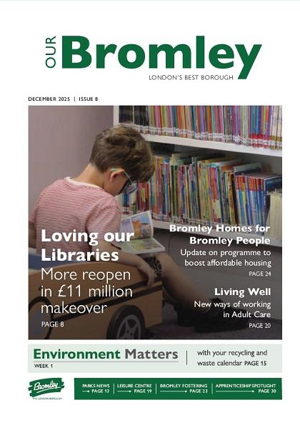 Picture of front cover of Our Bromley Magazine for December 2025. The front cover shows a picture of a child reading in a library.