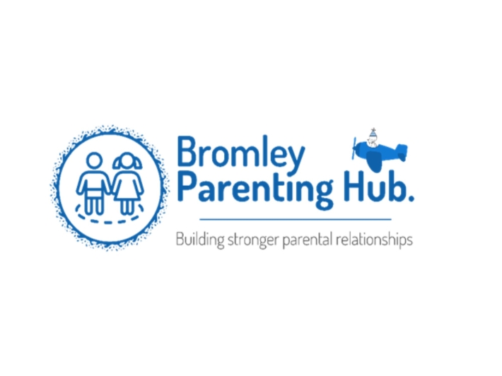 The Bromley Parenting Hub logo. An all blue design featuring an aeroplane animation on the right and on the left an outline of a boy and girl side by side inside a fuzzy blue circle with the hub's name in between both.