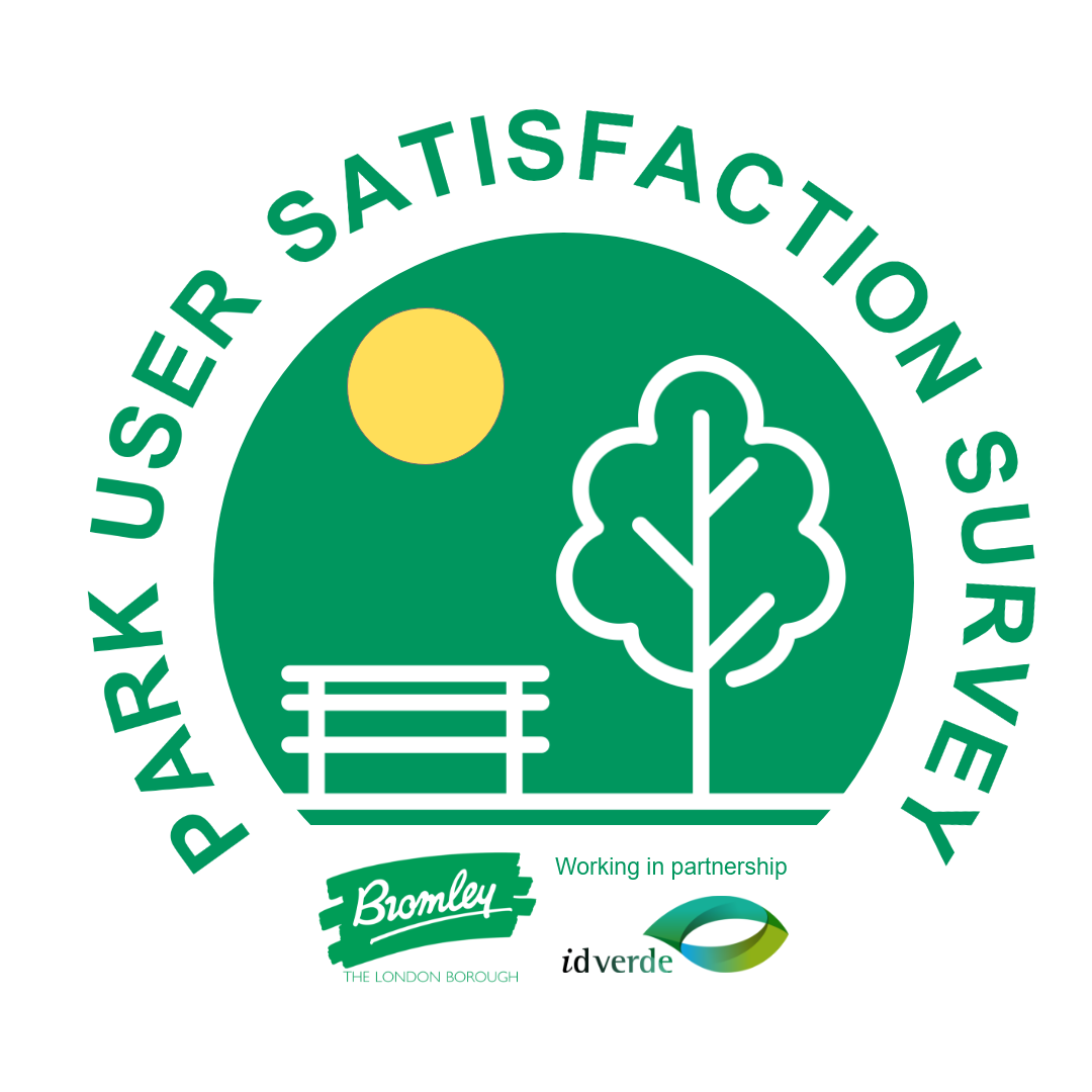 Park user satisfaction survey logo. White tree, white bench sun on green background