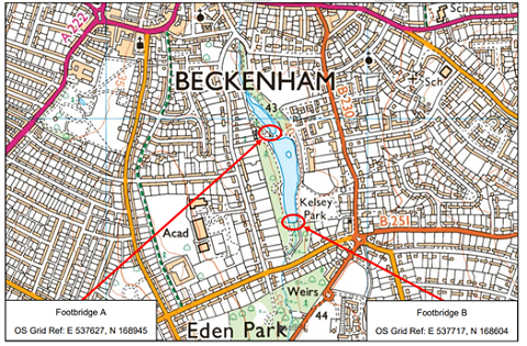 Kelsey Park bridges location map