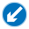 Road sign white direction arrow pointing diagonally down to the left on blue background 
