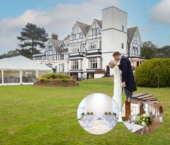 Bride and Groom standing in The Manor At Bickley gardens with the venue in background.