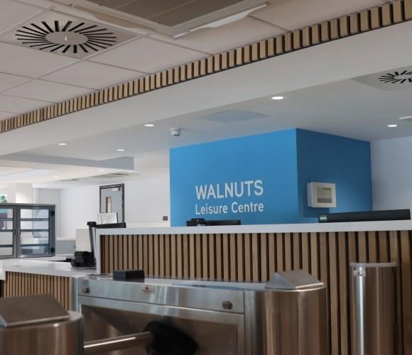 The turnstiles and reception desk at the newly refurbished Walnuts Leisure Centre.