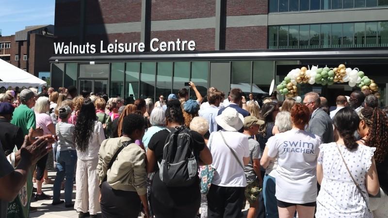 Crowds gathered outside Walnuts Leisure Centre at the reopening event.