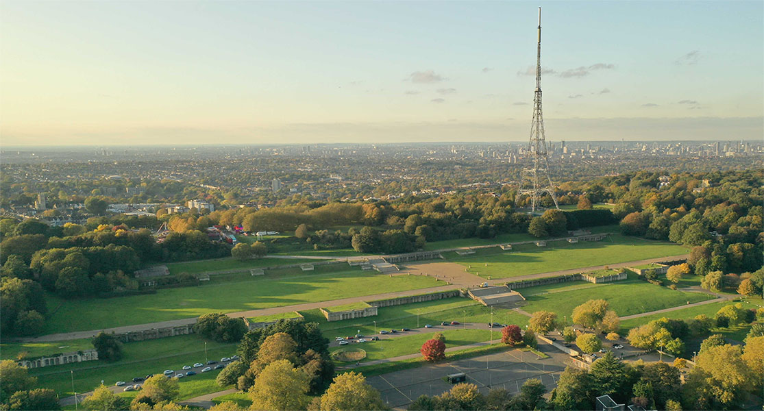 Aerial view of the Italian Terraces in Crystal Palace Park.