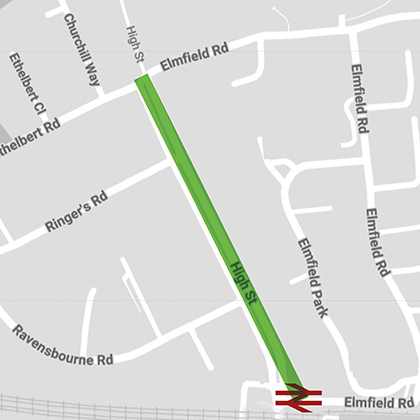 Map of the Bromley FC bus parade route along the non-pedestrianised area of Bromley High Street. between where the top of Elmfield Road meets the High Street and where the bottom of Elmfield Road meets the High Street before Bromley South Train Station.