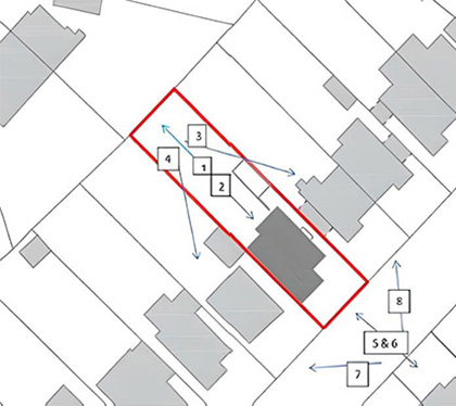 The image shows an example diagram for householder applications. 1. Photograph from within the rear of the property looking directly at the rear boundary of the application site. 2. Photograph from within the rear of the property looking directly at the rear wall of the building within the application site. 3. Photograph from within the rear of the property looking towards the rear of the neighbouring building immediately to the left of the application site. 4. Photograph from within the rear of the property looking towards the rear of the neighbouring building immediately to the right of the application site. 5. Photograph from the street looking directly at the front wall of the building within the application site. 6. Photograph from the street looking directly at the front wall of the building directly opposite the front of the application site. 7. Photograph from the street looking towards the front of the neighbouring building immediately to the left of the application site. 8. Photograph from the street looking towards the front of the neighbouring building immediately to the right of the application site.