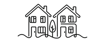 Line drawing of two neighbouring houses with a tree between them, representing keeping children local to their community.