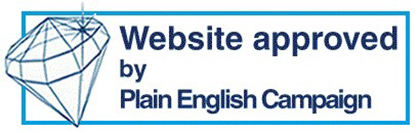 Plain English Campaign logo with a diamond symbol and the words "Website approved by Plain English Campaign".